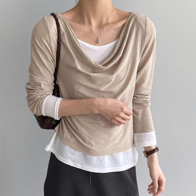 Mock Two-Piece Cowl Neck Long Sleeve Top