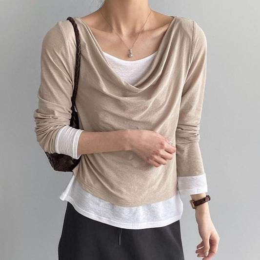 Mock Two-Piece Cowl Neck Long Sleeve Top