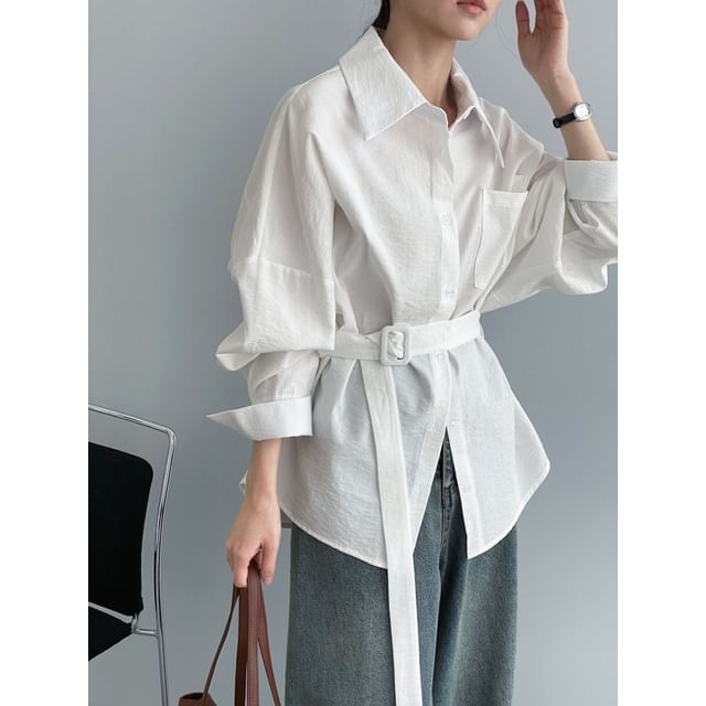 Belted Collared Long Sleeve Solid Shirt