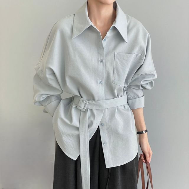 Belted Collared Long Sleeve Solid Shirt