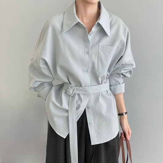 Belted Collared Long Sleeve Solid Shirt