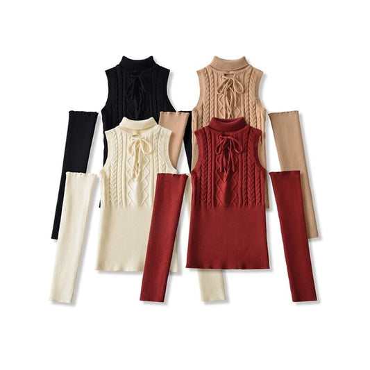Sleeveless Mock Neck Cutout Lace Up Knit Top with Arm Sleeves