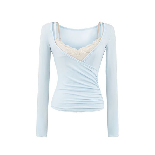 Long Sleeve Deep Plunge Ruched Wrap Top with Lace Camisole