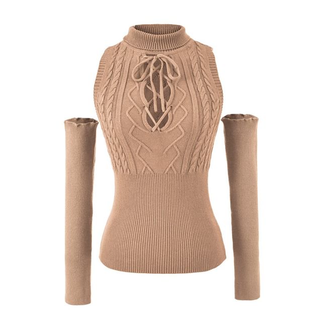 Sleeveless Mock Neck Cutout Lace Up Knit Top with Arm Sleeves