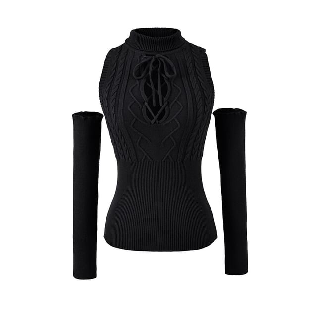 Sleeveless Mock Neck Cutout Lace Up Knit Top with Arm Sleeves