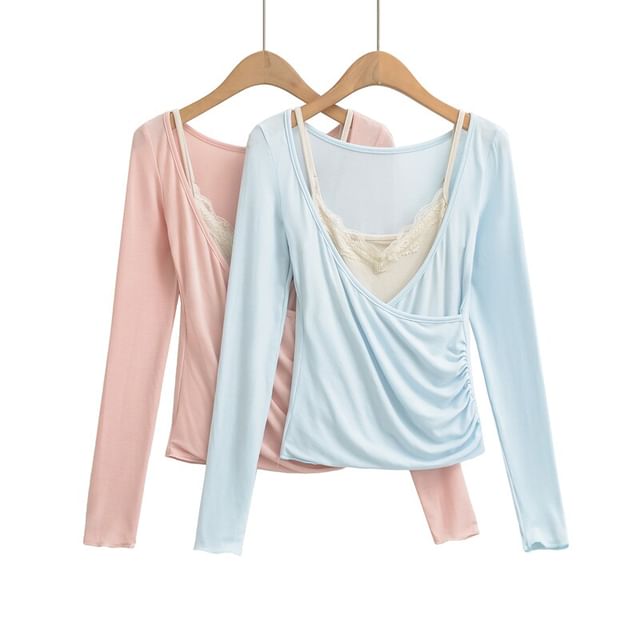 Long Sleeve Deep Plunge Ruched Wrap Top with Lace Camisole