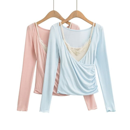 Long Sleeve Deep Plunge Ruched Wrap Top with Lace Camisole