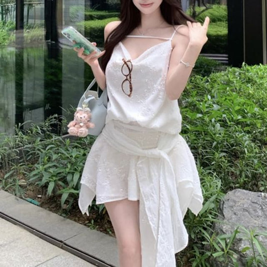 Spaghetti Strap Cowl Neck Tie Waist Mini A-Line Dress