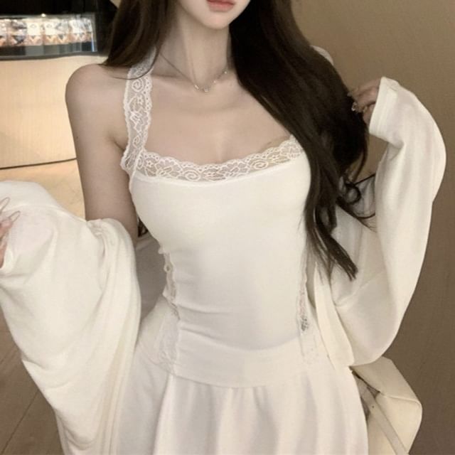 Square Neck Plain Lace Trim Camisole Top / Mid Rise Plain Skorts / Plain Cardigan