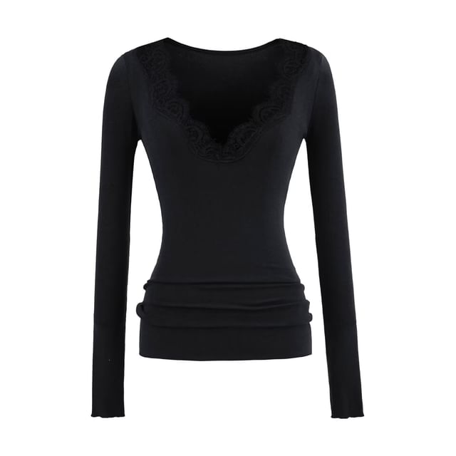 V-Neck Lace-Trim Slim Fit T-Shirt with Long Sleeves