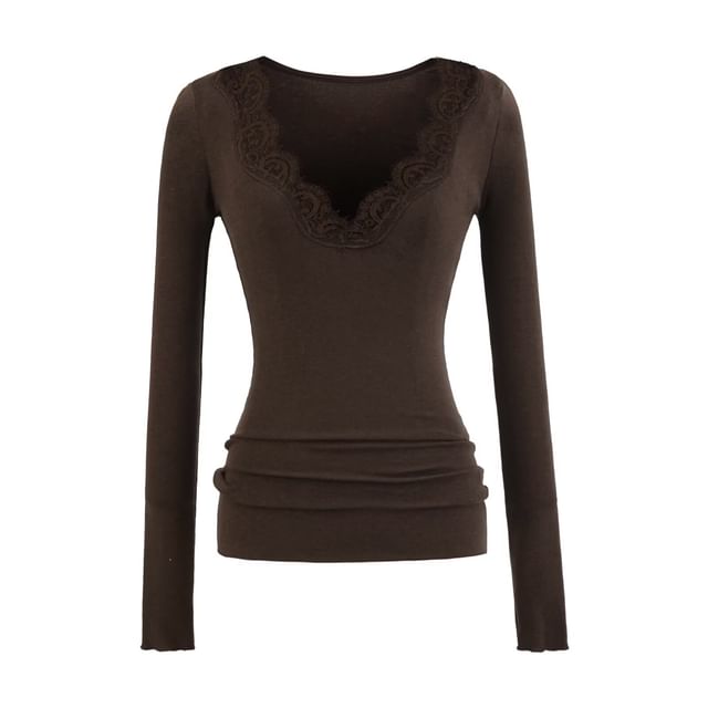 V-Neck Lace-Trim Slim Fit T-Shirt with Long Sleeves