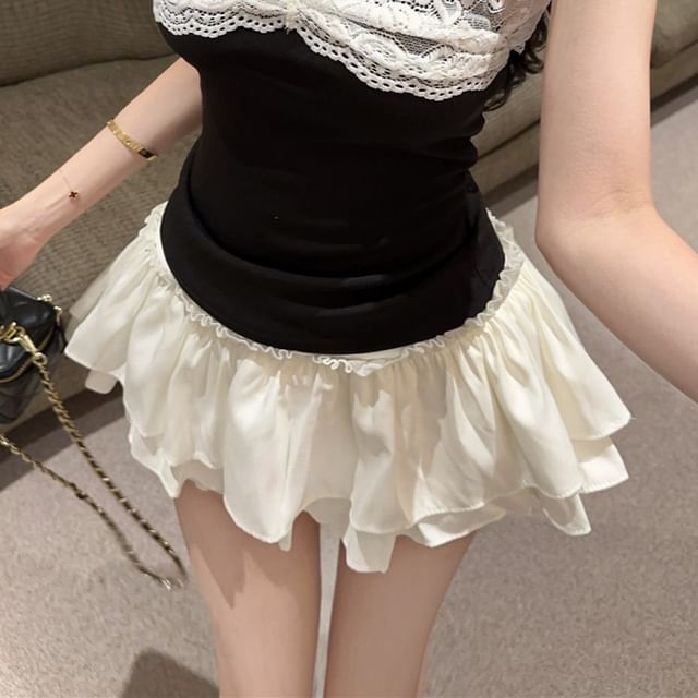 Halter Lace Panel Crop Top with High-Waisted Frill Skort