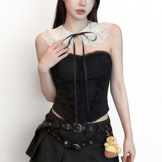 Padded Lace Panel Satin Crop Tube Top