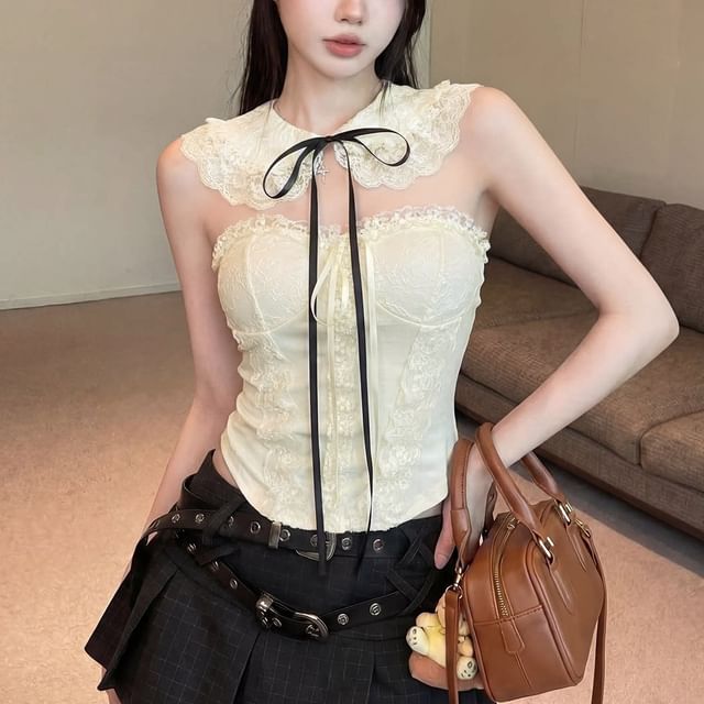 Padded Lace Panel Satin Crop Tube Top