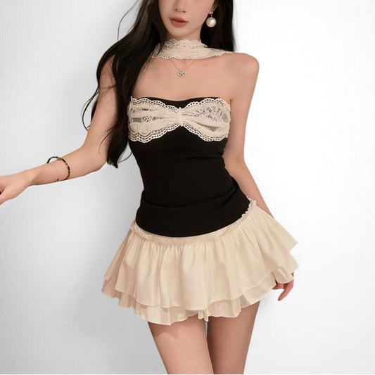 Halter Lace Panel Crop Top with High-Waisted Frill Skort