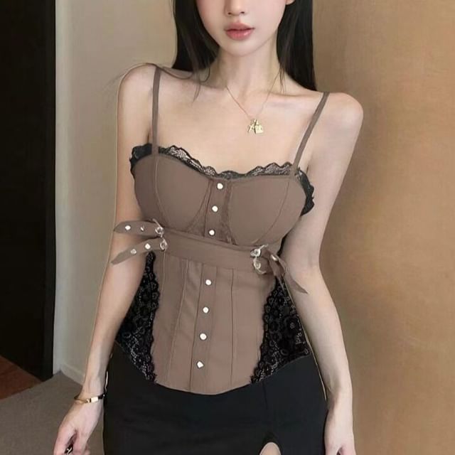 Buckled Lace Panel Crop Camisole