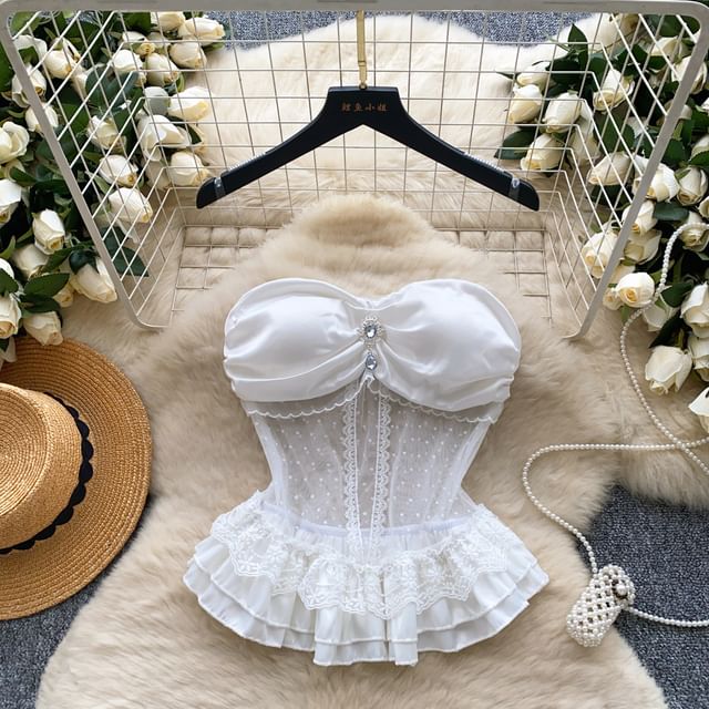 Detachable Strap Rhinestone Peplum Mesh Bustier Top