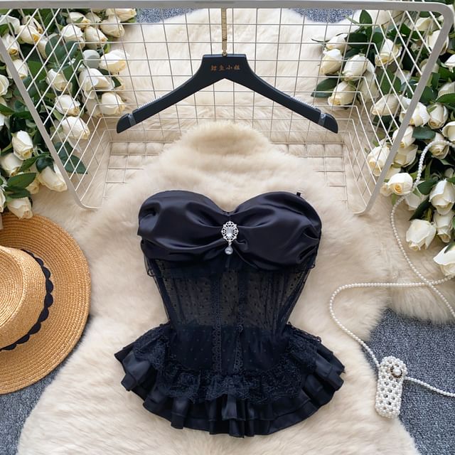 Detachable Strap Rhinestone Peplum Mesh Bustier Top