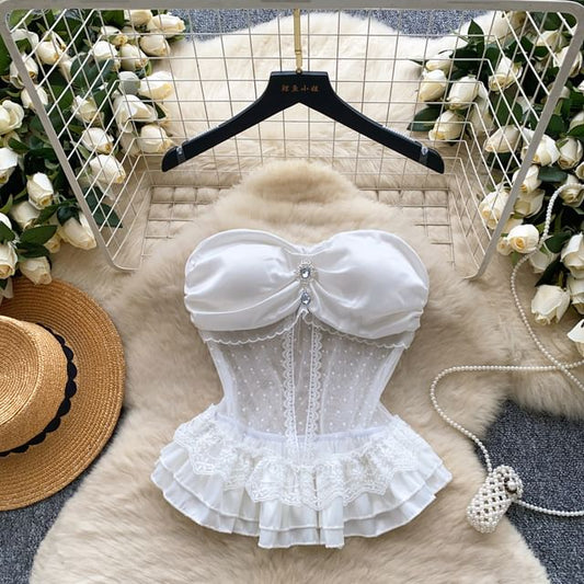 Detachable Strap Rhinestone Peplum Mesh Bustier Top