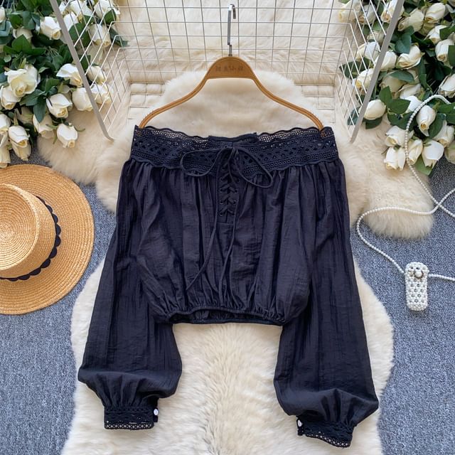 Off-Shoulder Long Sleeve Lace Up Blouse