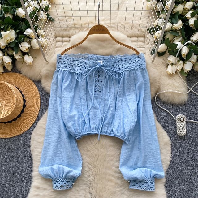 Off-Shoulder Long Sleeve Lace Up Blouse