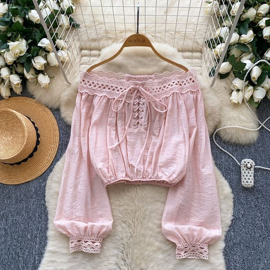 Off-Shoulder Long Sleeve Lace Up Blouse