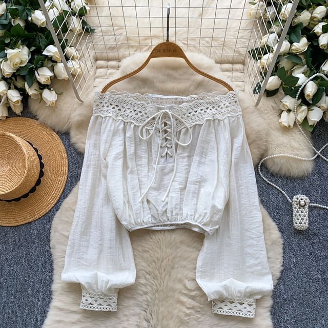 Off-Shoulder Long Sleeve Lace Up Blouse