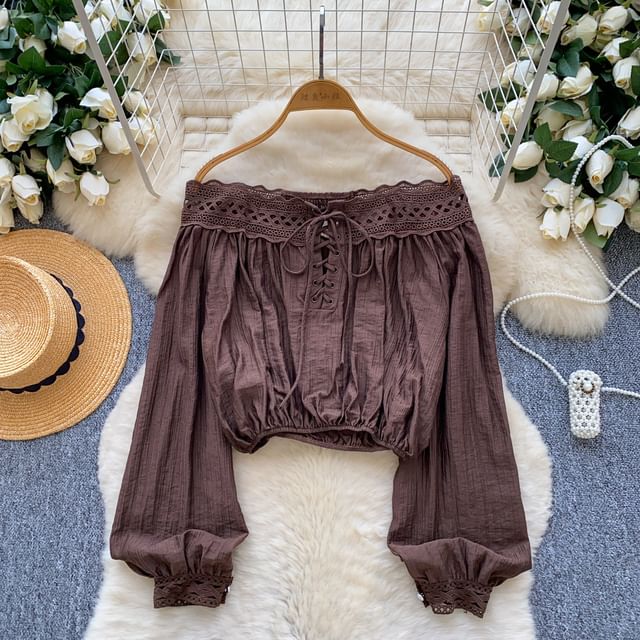 Off-Shoulder Long Sleeve Lace Up Blouse