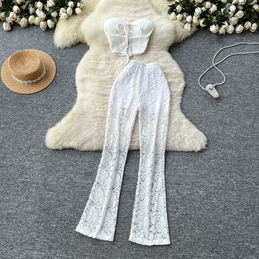 Padded Crop Tube Top with High Waist Lace Flared Pants