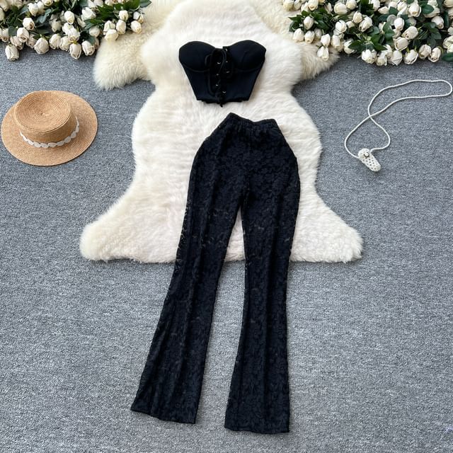Padded Crop Tube Top with High Waist Lace Flared Pants