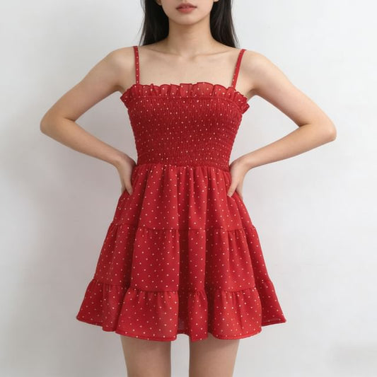 Spaghetti Strap Dotted Tiered Shirred Mini A-Line Dress