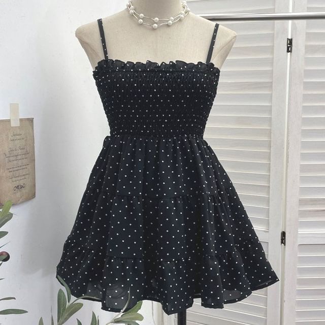 Spaghetti Strap Dotted Tiered Shirred Mini A-Line Dress
