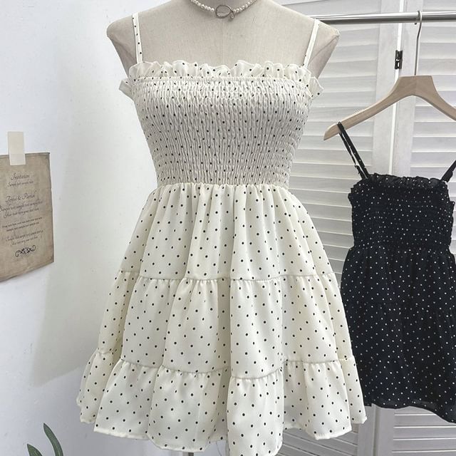 Spaghetti Strap Dotted Tiered Shirred Mini A-Line Dress