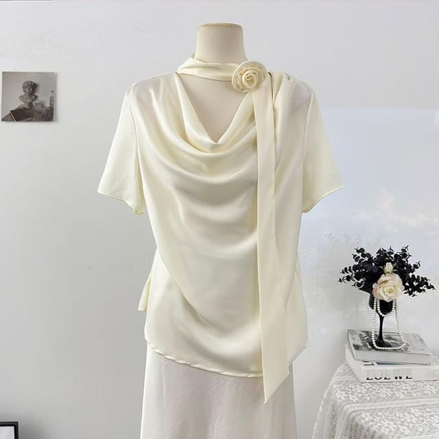Cowl Neck Short Sleeve Solid Tee