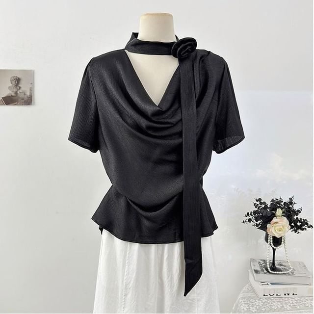 Cowl Neck Short Sleeve Solid Tee