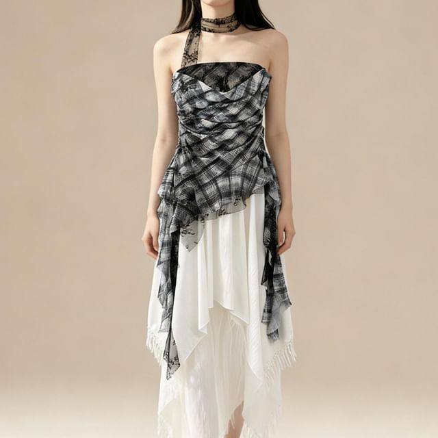 Sheer Plaid Tube Top with Asymmetrical Hem