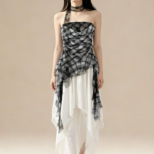 Sheer Plaid Tube Top with Asymmetrical Hem