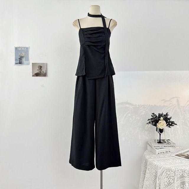 Asymmetrical Camisole and High-Waist Wide-Leg Pants Set