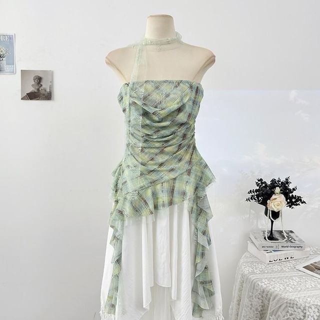 Sheer Plaid Tube Top with Asymmetrical Hem