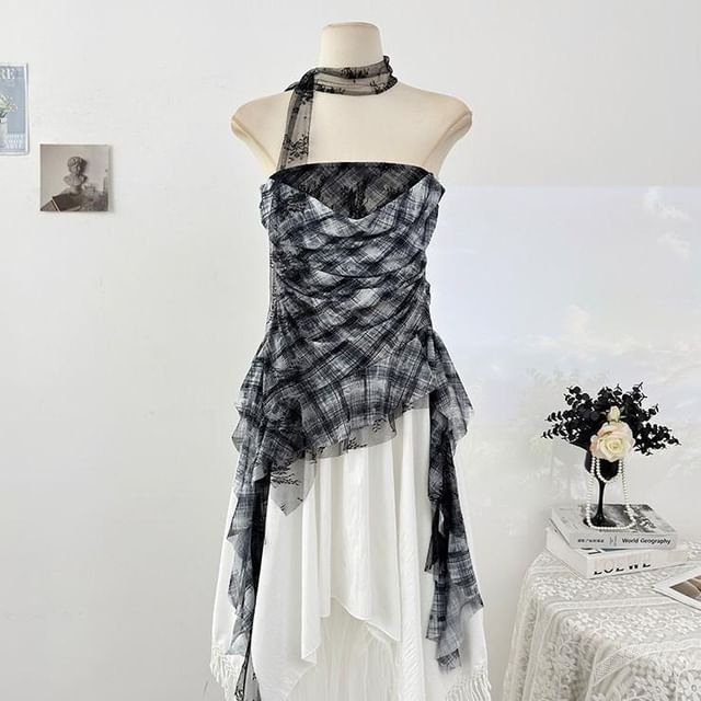 Sheer Plaid Tube Top with Asymmetrical Hem