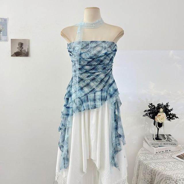 Sheer Plaid Tube Top with Asymmetrical Hem