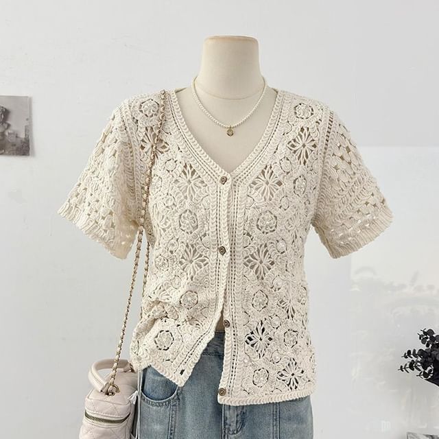 Button-Front Crochet Short Sleeve Top