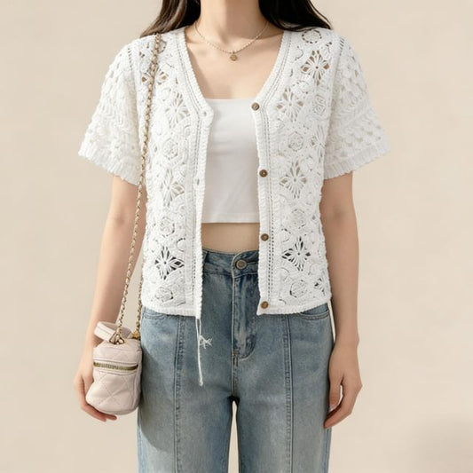 Button-Front Crochet Short Sleeve Top