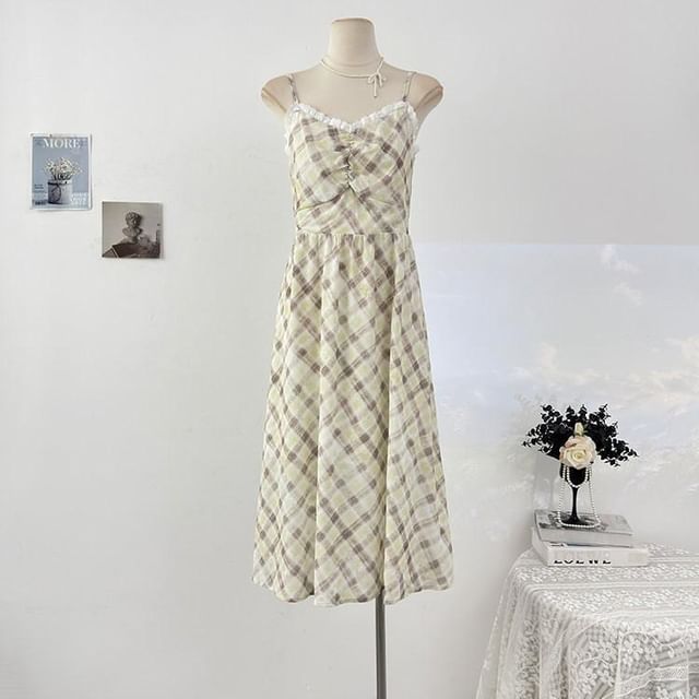 Spaghetti Strap Plaid Midi A-Line Dress