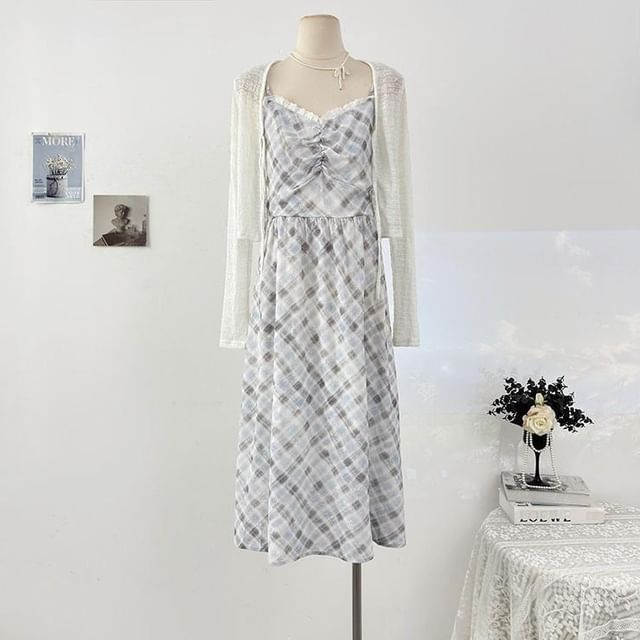 Spaghetti Strap Plaid Midi A-Line Dress
