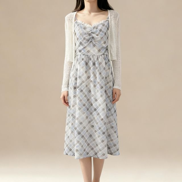 Spaghetti Strap Plaid Midi A-Line Dress