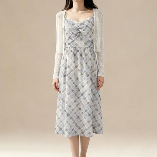 Spaghetti Strap Plaid Midi A-Line Dress
