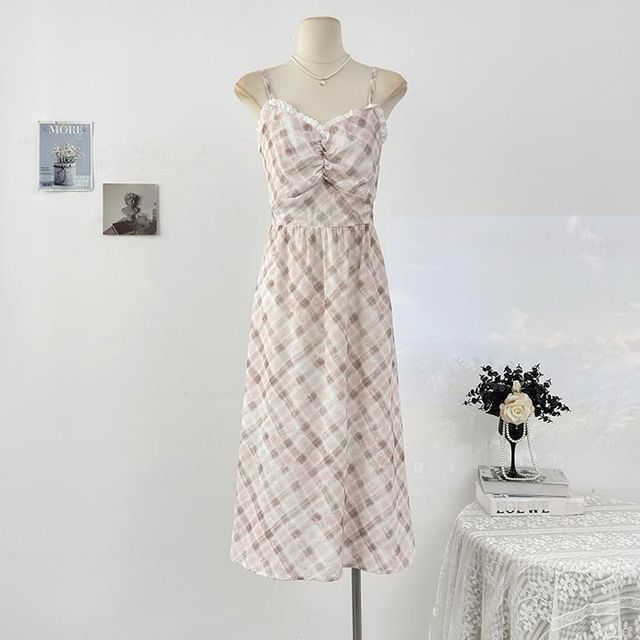 Spaghetti Strap Plaid Midi A-Line Dress
