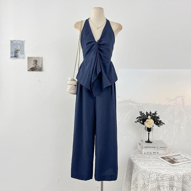 Sleeveless Asymmetric Top + High-Waist Wide-Leg Pants Set