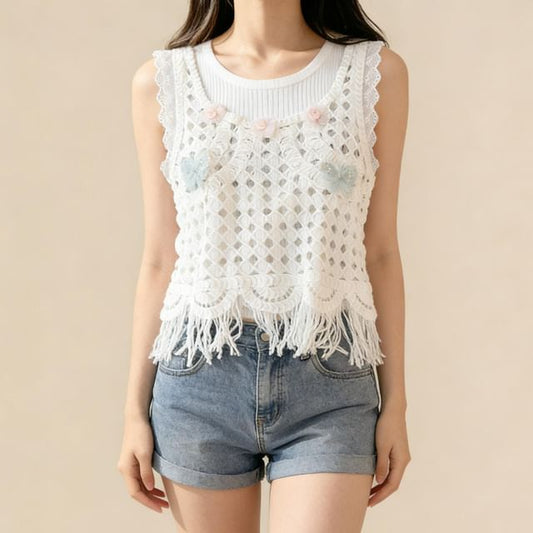 Crochet Fringed Crop Top with U-Neckline
